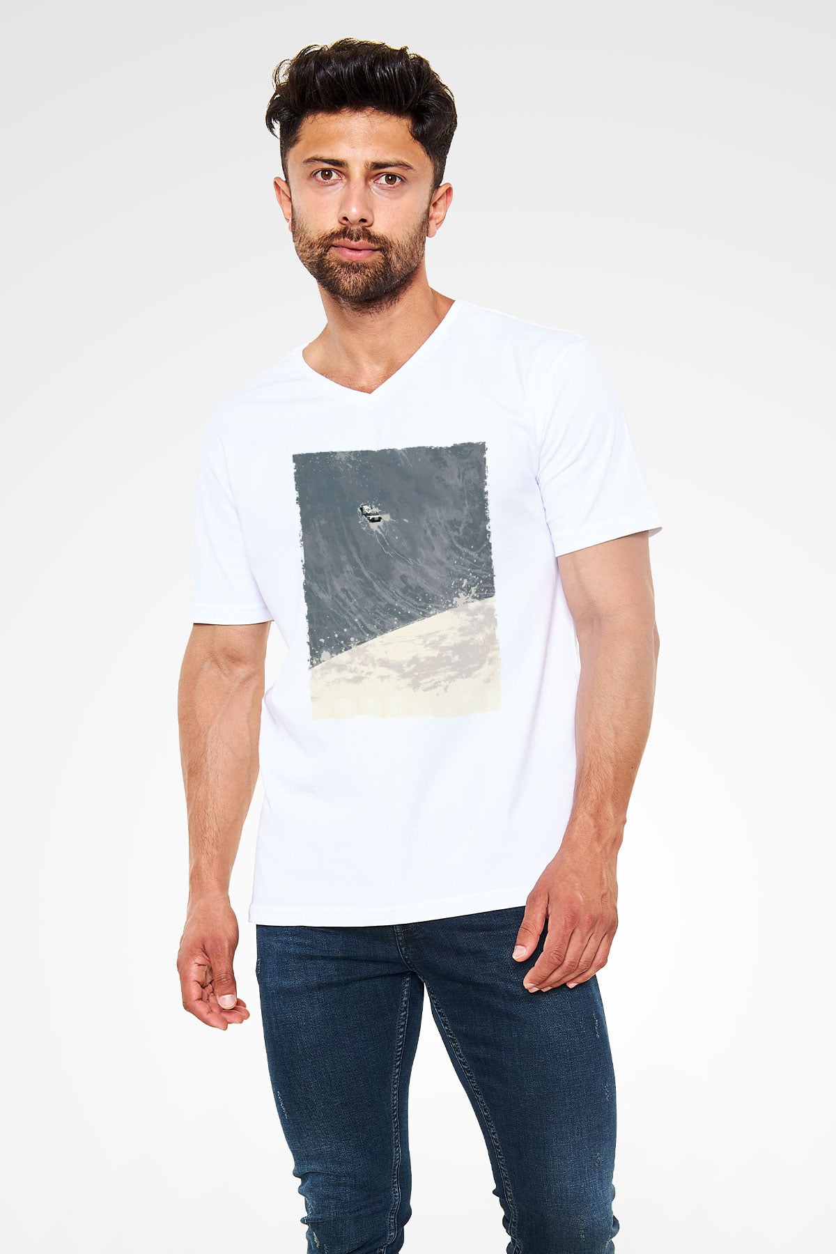 Unisex Yıldızlararası (Interstellar) Baskılı Beyaz V Yaka Tshirt