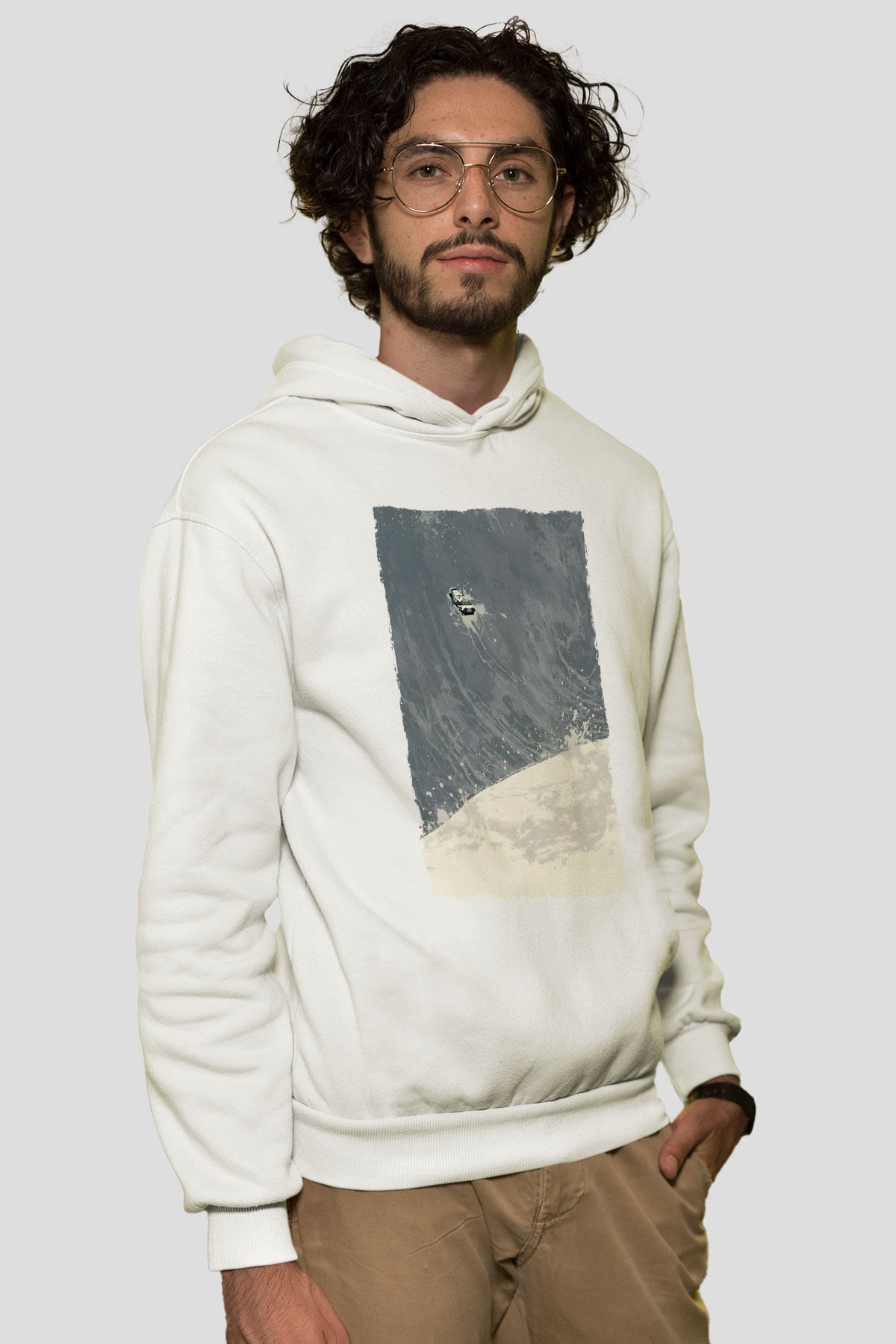 Unisex Yıldızlararası (Interstellar) Baskılı Beyaz Kapüşonlu Sweatshirt