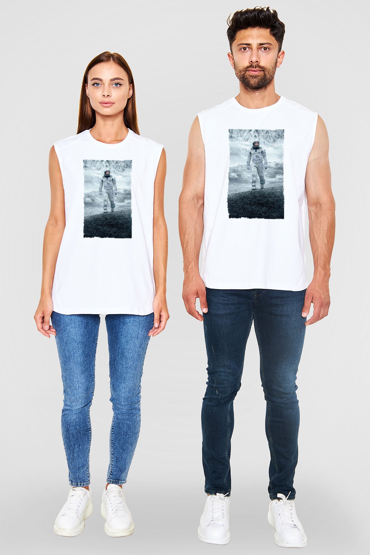 Unisex Yıldızlararası (Interstellar) Baskılı Beyaz Kolsuz Tişört
