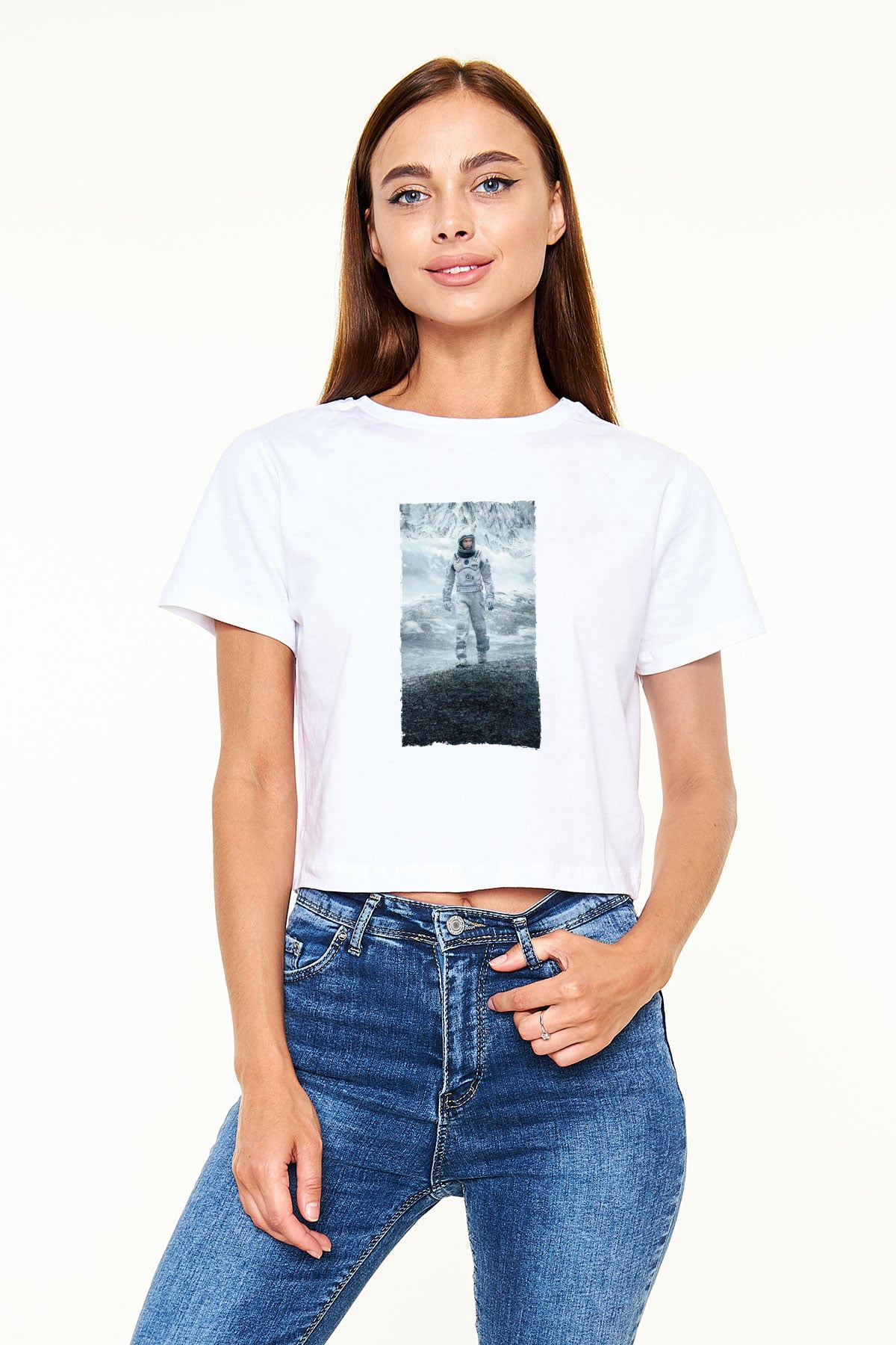 Unisex Yıldızlararası (Interstellar) Baskılı Beyaz Crop Top Tişört