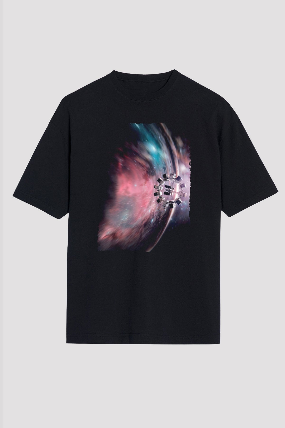 Unisex Yıldızlararası (Interstellar) Baskılı Siyah Oversize T-shirt