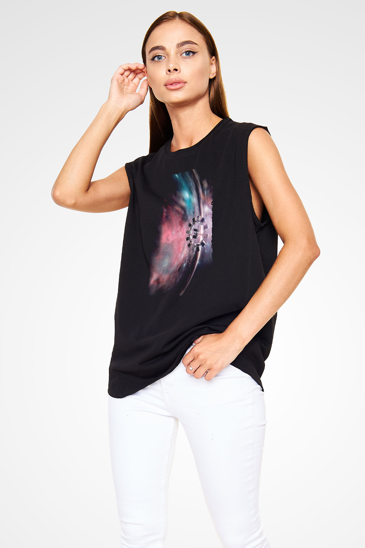 Unisex Yıldızlararası (Interstellar) Baskılı Siyah Kolsuz T-shirt