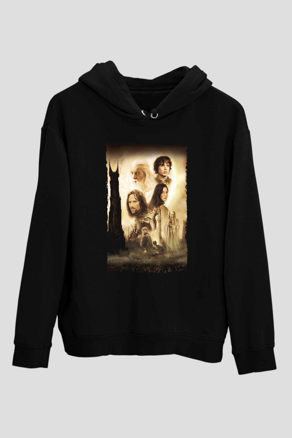 Unisex Yüzüklerin Efendisi İki Kule (The Lord of the Rings The Two Towers) Baskılı Siyah Kapüşonlu Sweatshirt