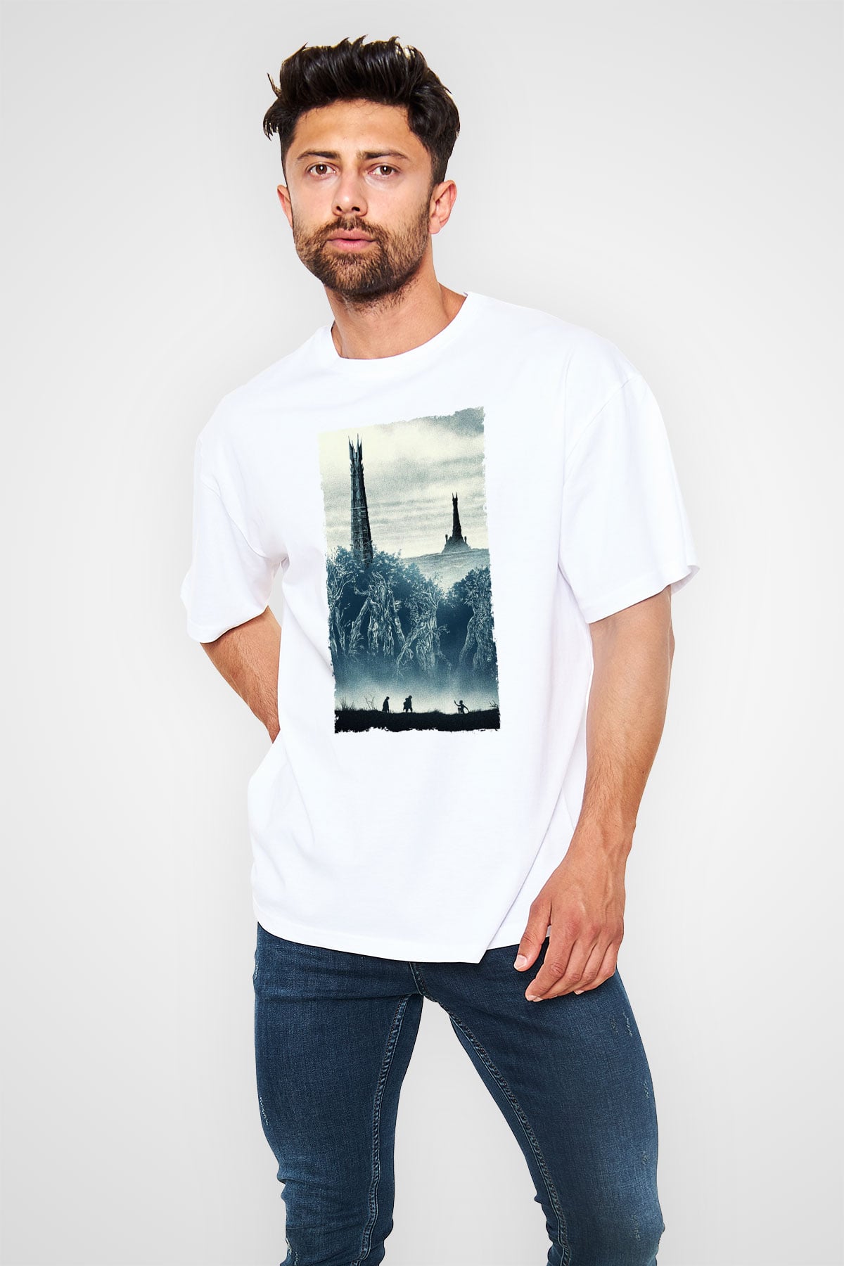 Unisex Yüzüklerin Efendisi İki Kule (The Lord of the Rings The Two Towers) Baskılı Beyaz Oversize Oversize T-shirt