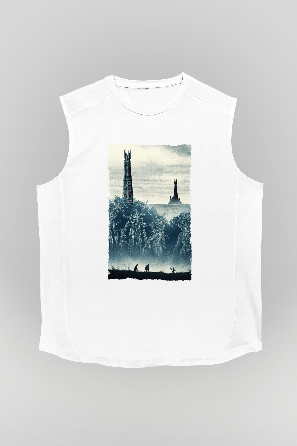 Unisex Yüzüklerin Efendisi İki Kule (The Lord of the Rings The Two Towers) Baskılı Beyaz Kolsuz Tshirt