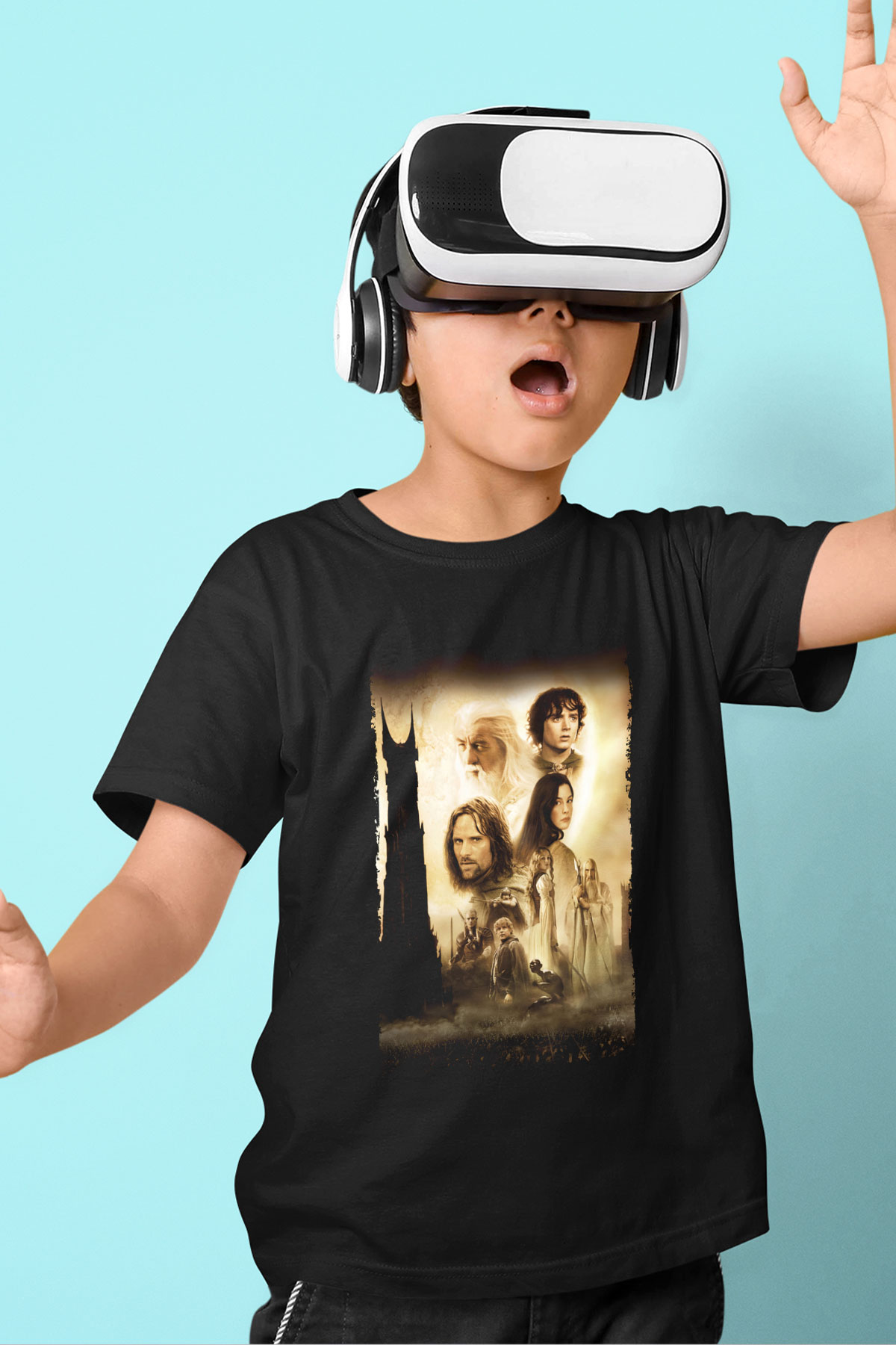 Unisex Yüzüklerin Efendisi İki Kule (The Lord of the Rings The Two Towers) Baskılı Siyah Çocuk T-Shirt