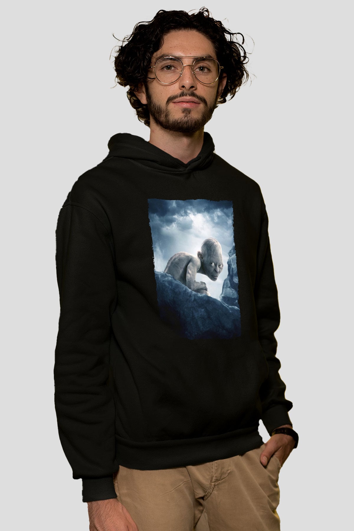 Unisex Yüzüklerin Efendisi İki Kule (The Lord of the Rings The Two Towers) Baskılı Siyah Kapüşonlu Sweatshirt