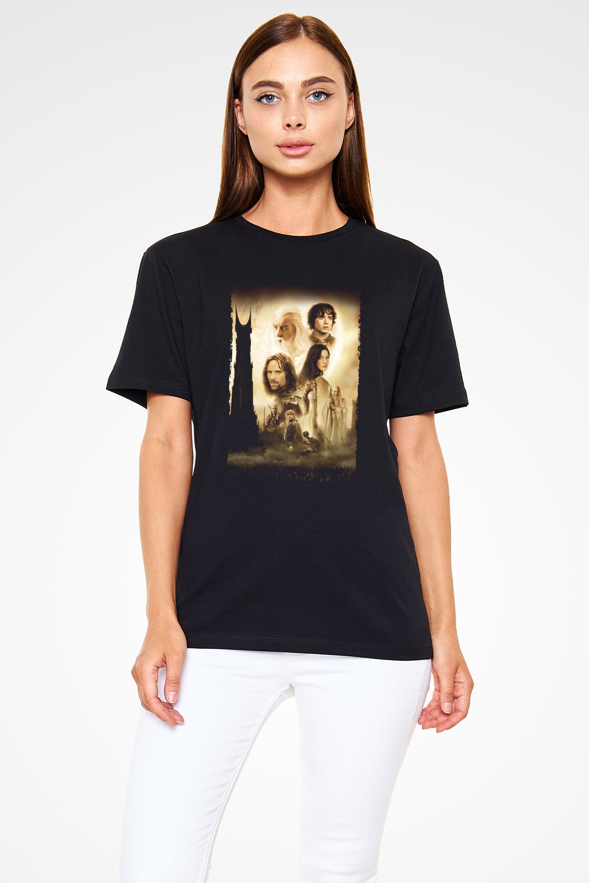 Unisex Yüzüklerin Efendisi İki Kule (The Lord of the Rings The Two Towers) Baskılı Siyah T-Shirt