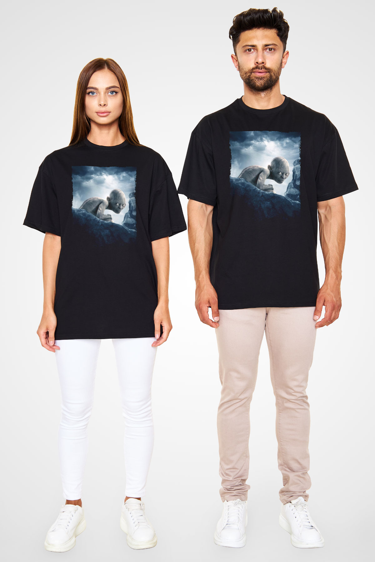 Unisex Yüzüklerin Efendisi İki Kule (The Lord of the Rings The Two Towers) Baskılı Siyah Oversize Tişört