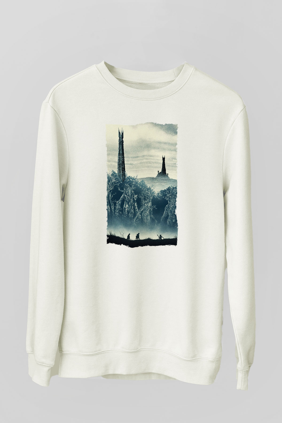 Unisex Yüzüklerin Efendisi İki Kule (The Lord of the Rings The Two Towers) Baskılı Beyaz Sweatshirt