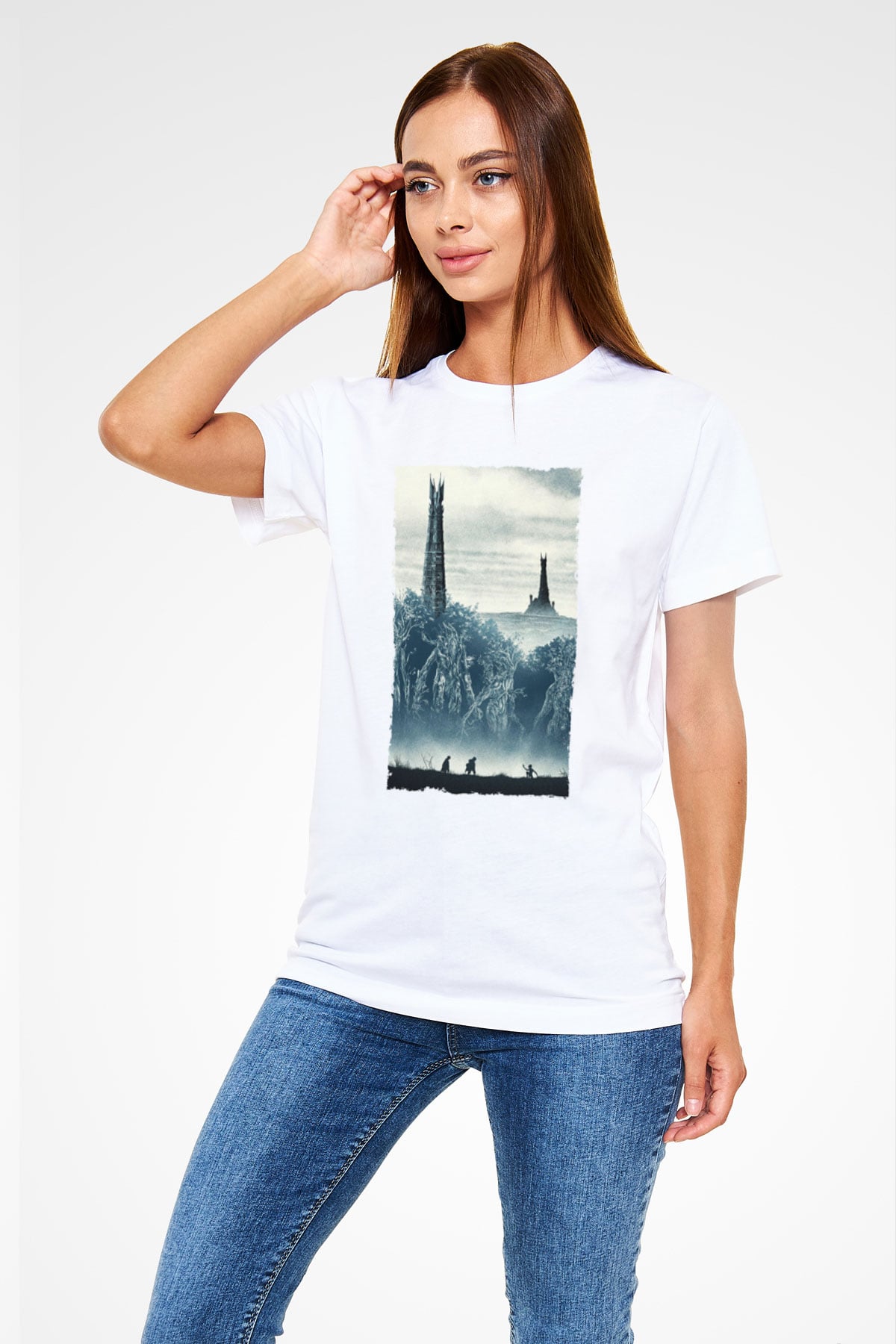 Unisex Yüzüklerin Efendisi İki Kule (The Lord of the Rings The Two Towers) Baskılı Beyaz Tshirt