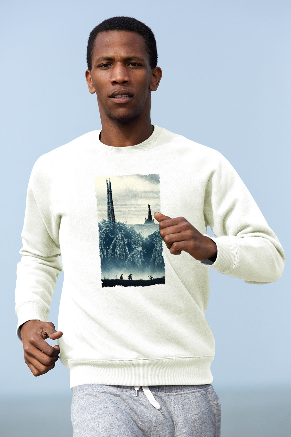 Unisex Yüzüklerin Efendisi İki Kule (The Lord of the Rings The Two Towers) Baskılı Beyaz Sweatshirt