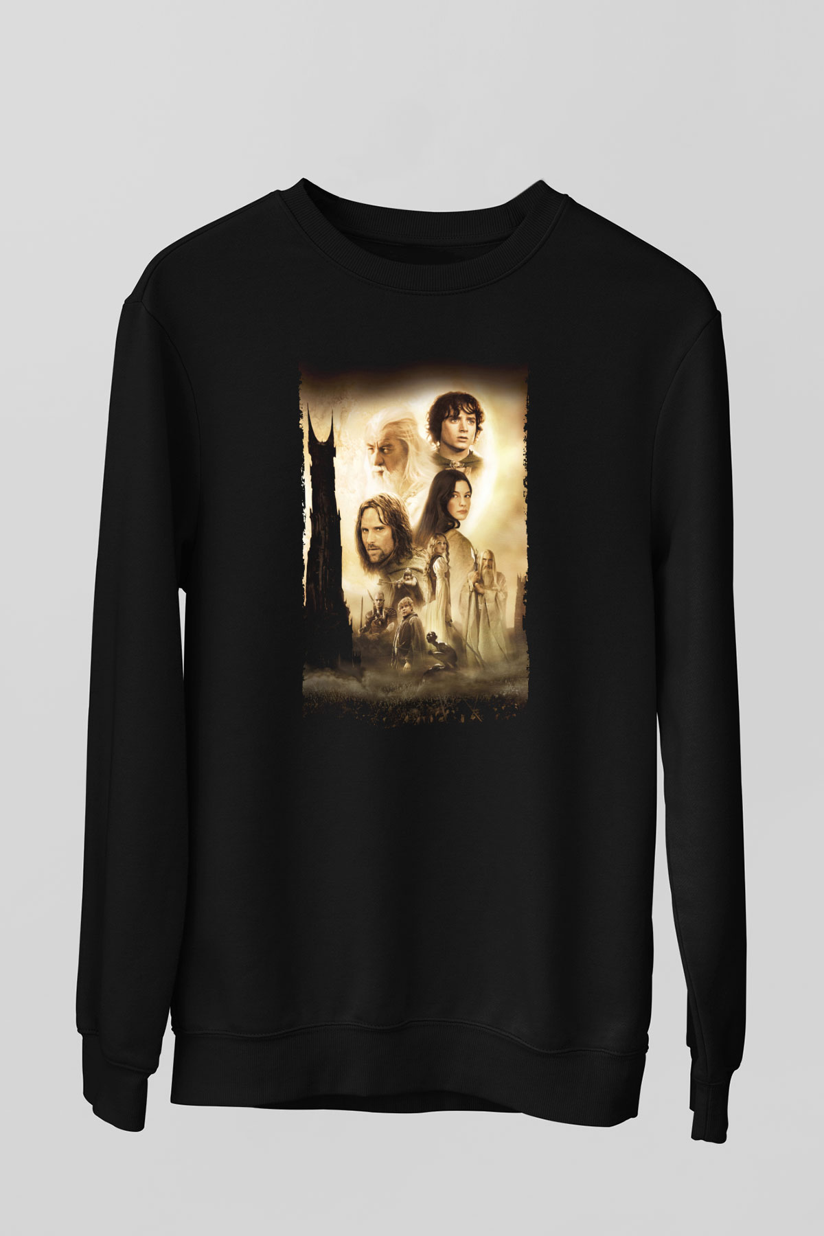 Unisex Yüzüklerin Efendisi İki Kule (The Lord of the Rings The Two Towers) Baskılı Siyah Sweatshirt