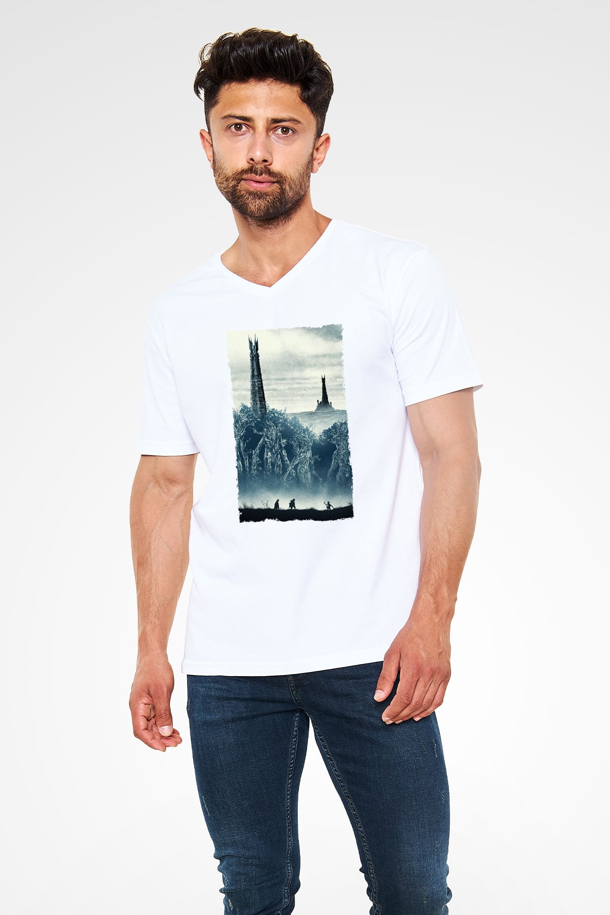 Unisex Yüzüklerin Efendisi İki Kule (The Lord of the Rings The Two Towers) Baskılı Beyaz V Yaka Tshirt