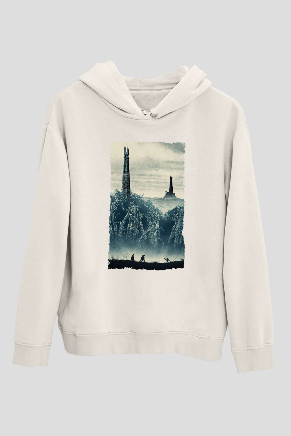 Unisex Yüzüklerin Efendisi İki Kule (The Lord of the Rings The Two Towers) Baskılı Beyaz Kapüşonlu Sweatshirt