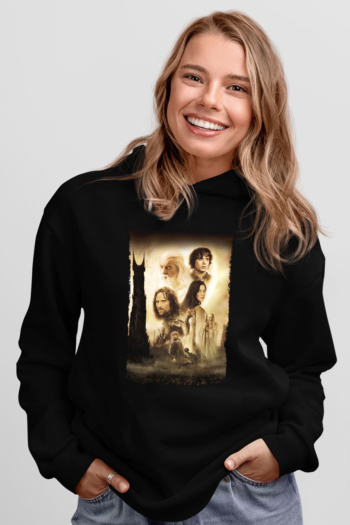 Unisex Yüzüklerin Efendisi İki Kule (The Lord of the Rings The Two Towers) Baskılı Siyah Kapüşonlu Sweatshirt