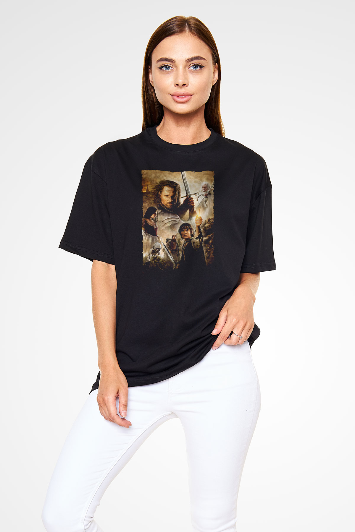 Unisex Yüzüklerin Efendisi Kralın Dönüşü (The Lord of the Rings The Return of the King) Baskılı Siyah Oversize Tshirt
