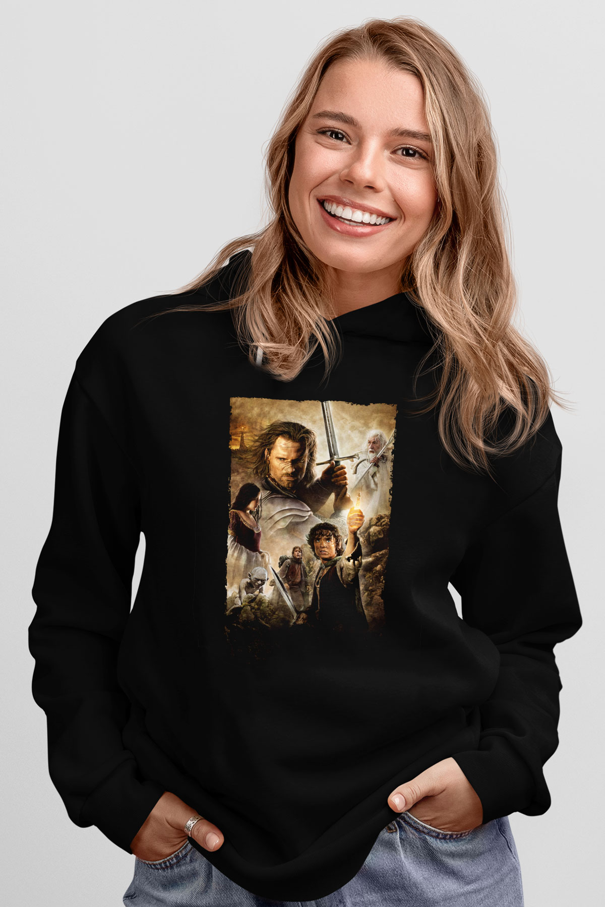 Unisex Yüzüklerin Efendisi Kralın Dönüşü (The Lord of the Rings The Return of the King) Baskılı Siyah Kapüşonlu Sweatshirt