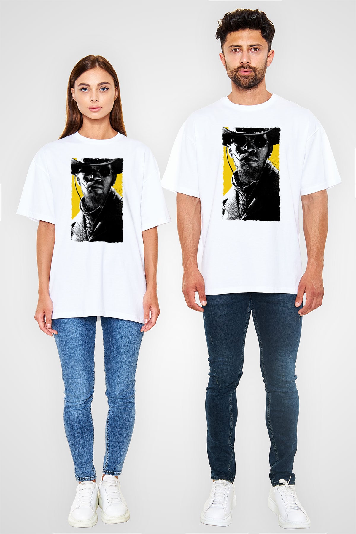 Unisex Zincirsiz - Django Unchained Baskılı Beyaz Oversize Oversize T-shirt