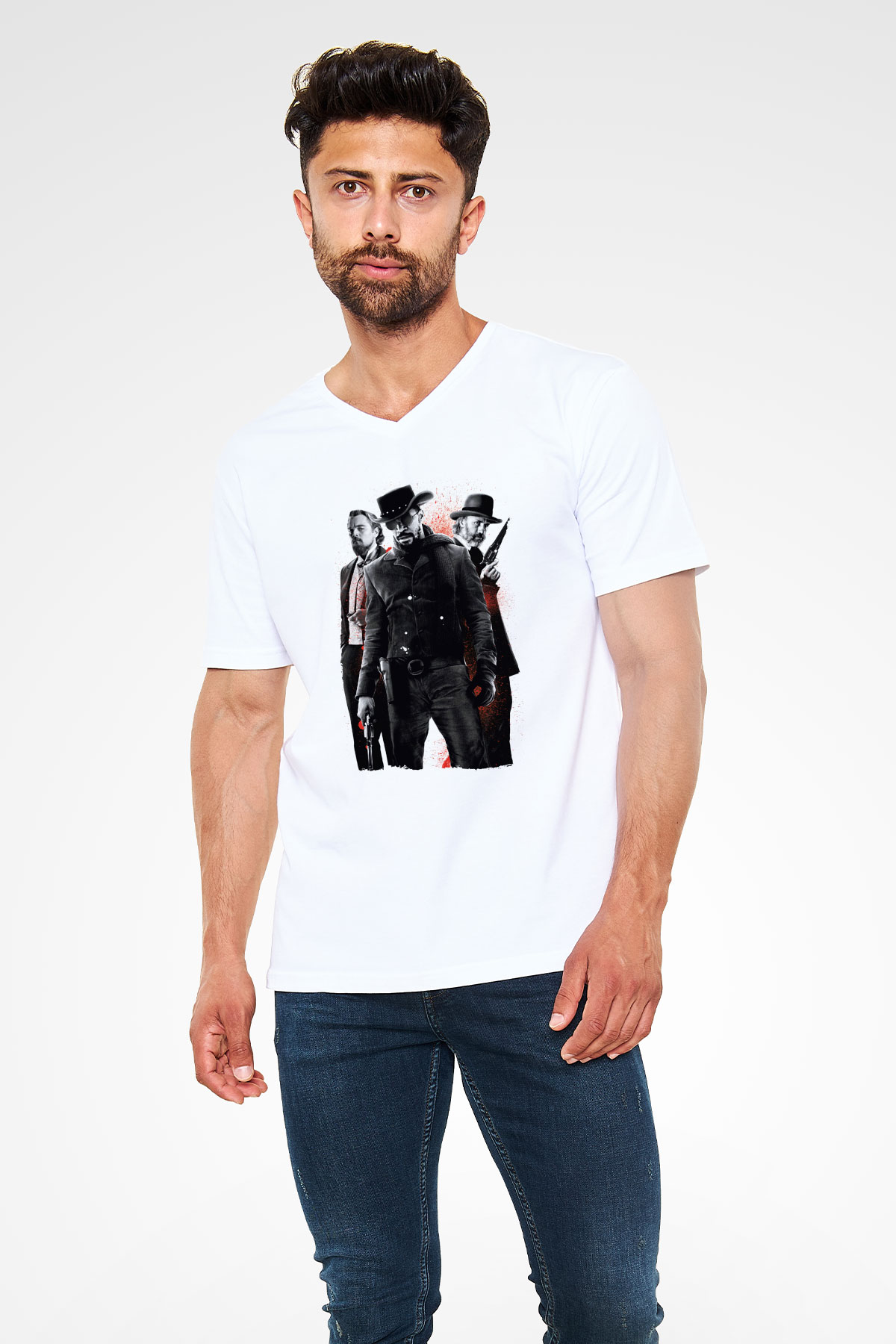 Unisex Zincirsiz - Django Unchained Baskılı Beyaz V Yaka Tişört