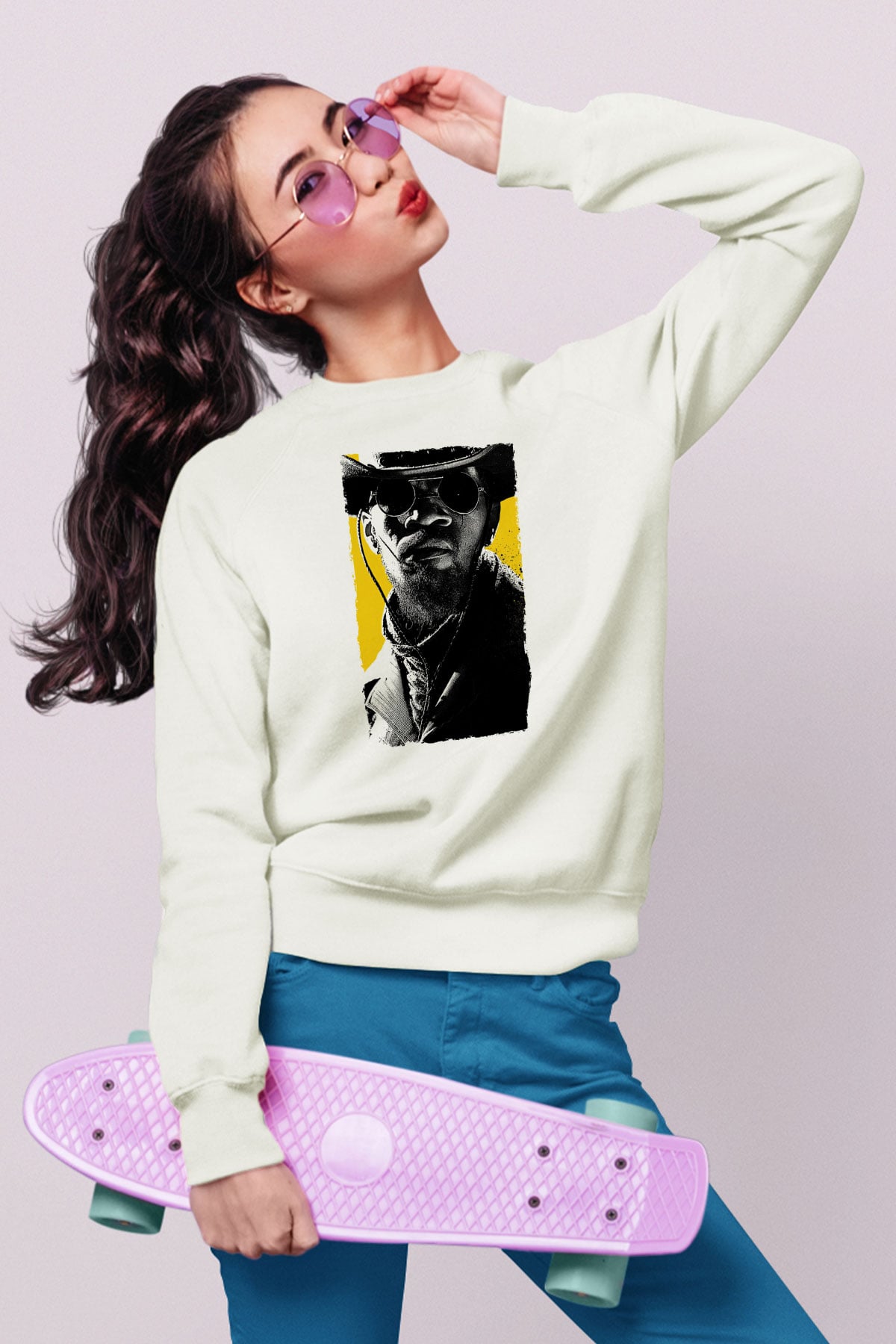 Unisex Zincirsiz - Django Unchained Baskılı Beyaz Sweatshirt