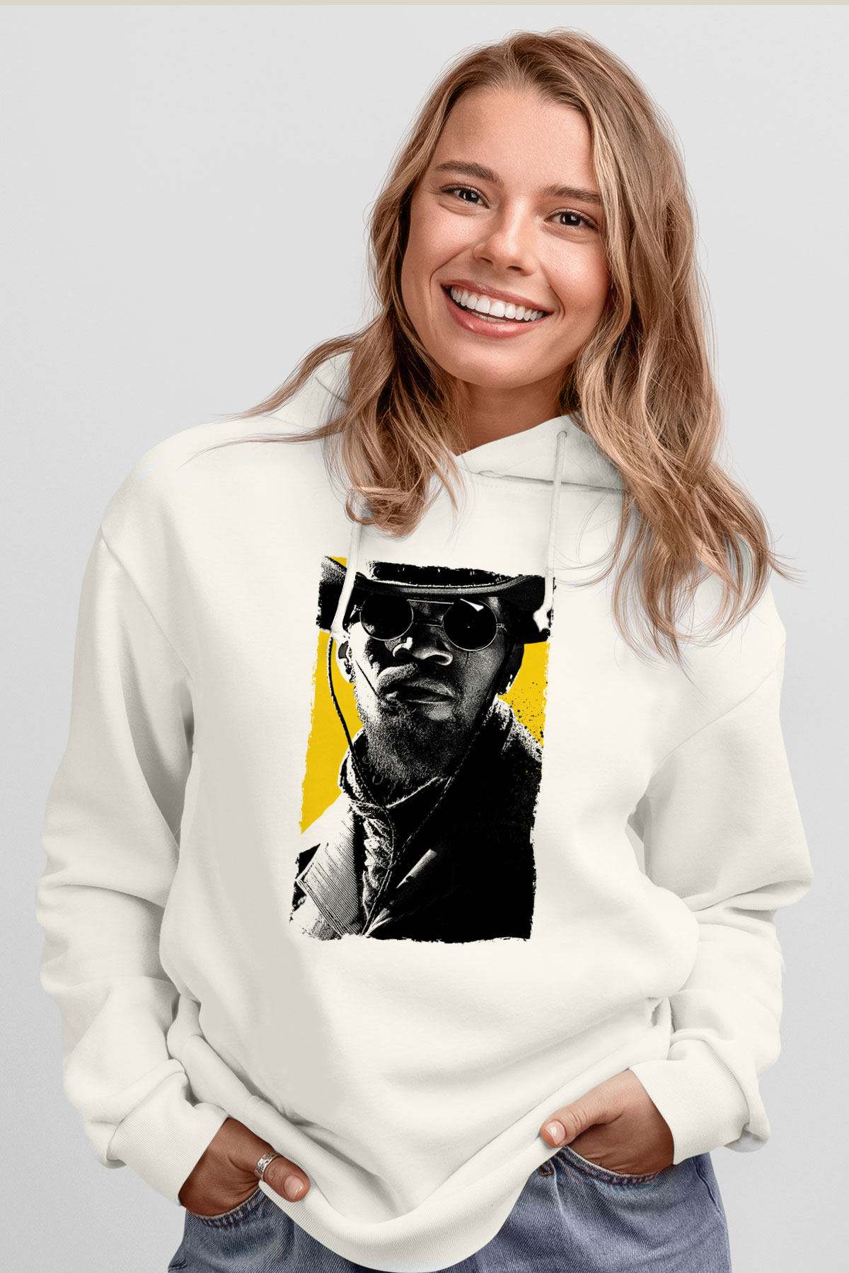 Unisex Zincirsiz - Django Unchained Baskılı Beyaz Kapüşonlu Sweatshirt