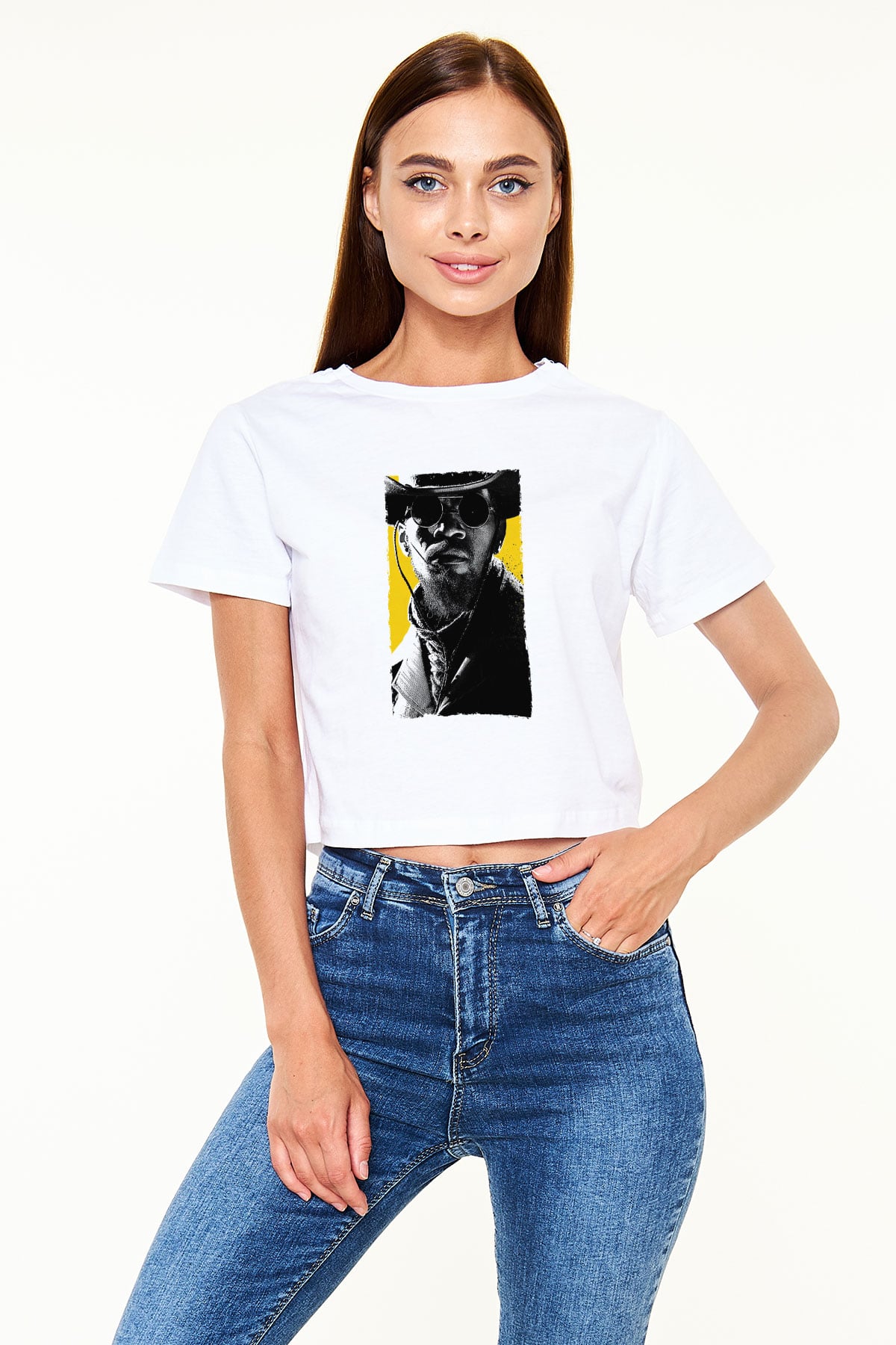Unisex Zincirsiz - Django Unchained Baskılı Beyaz Crop Top Tshirt