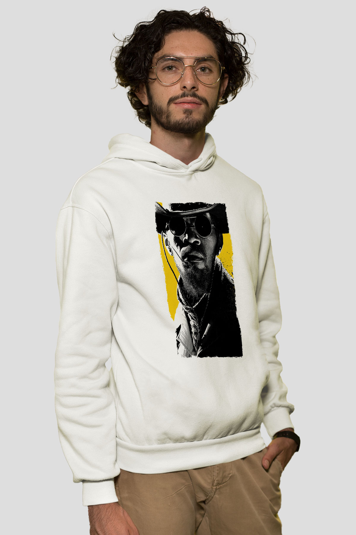 Unisex Zincirsiz - Django Unchained Baskılı Beyaz Kapüşonlu Sweatshirt