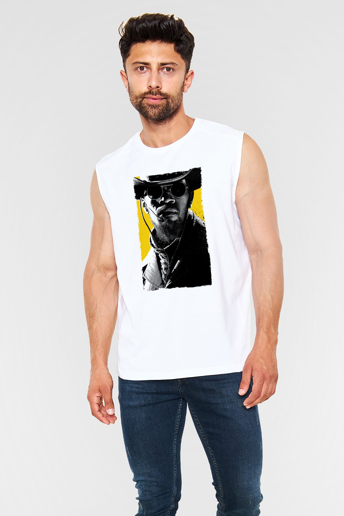 Unisex Zincirsiz - Django Unchained Baskılı Beyaz Kolsuz Tshirt
