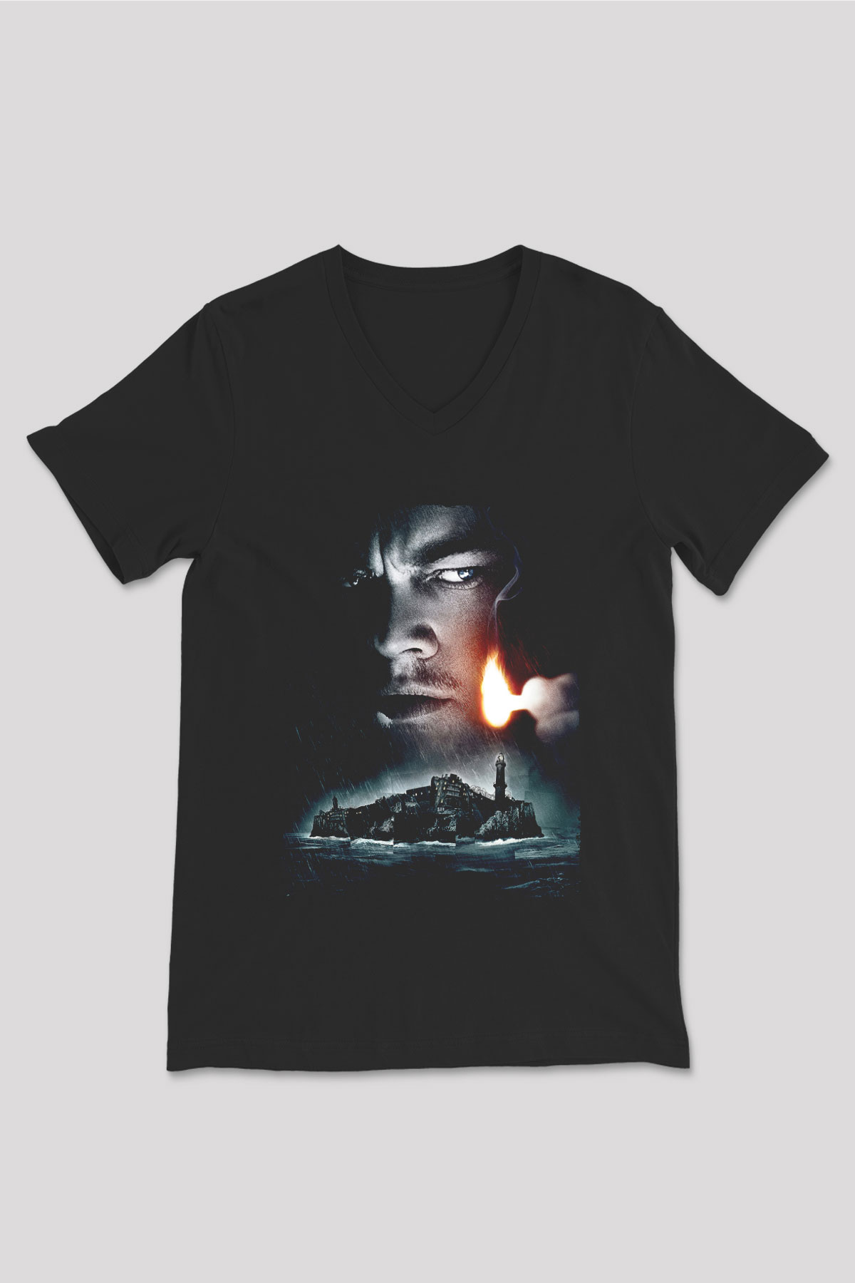Unisex Zindan Adası (Shutter Island) Baskılı Siyah V Yaka Tshirt
