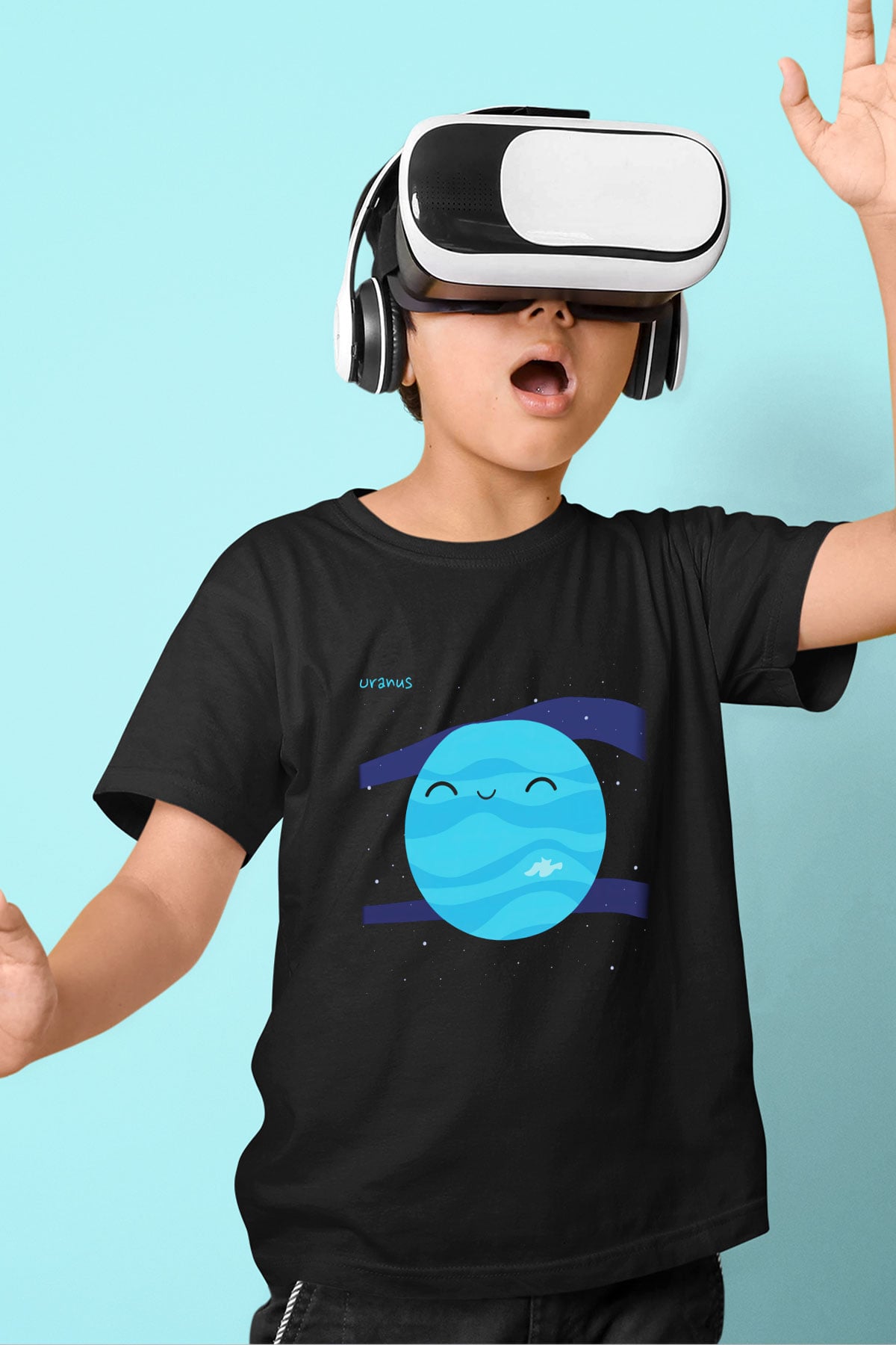 Uranüs Baskılı Siyah Unisex Çocuk Tişört