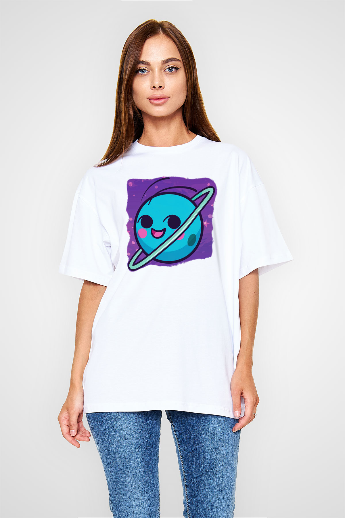 Uranüs Beyaz Unisex Oversize Tişört T-Shirt