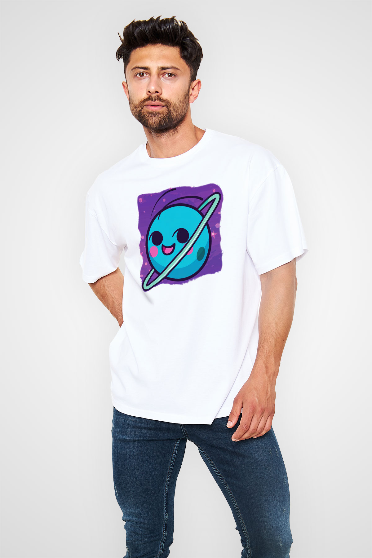 Uranüs Beyaz Unisex Oversize Tişört T-Shirt