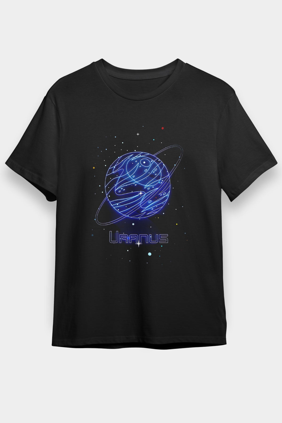 Uranüs Çizim Baskılı Unisex Siyah Tişört - Tshirt