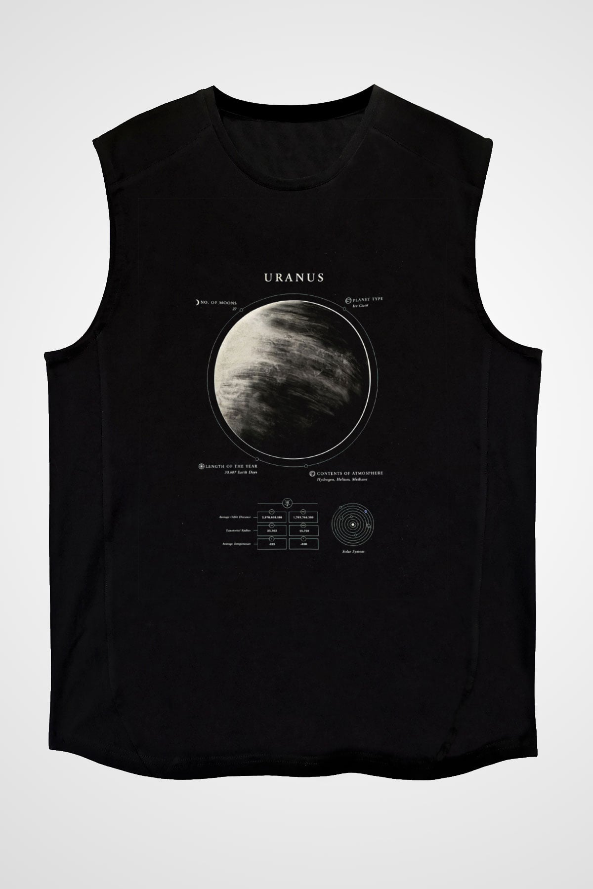Uranüs Fiziksel Özellikleri Baskılı Unisex Kolsuz Siyah Tişört - Tshirt