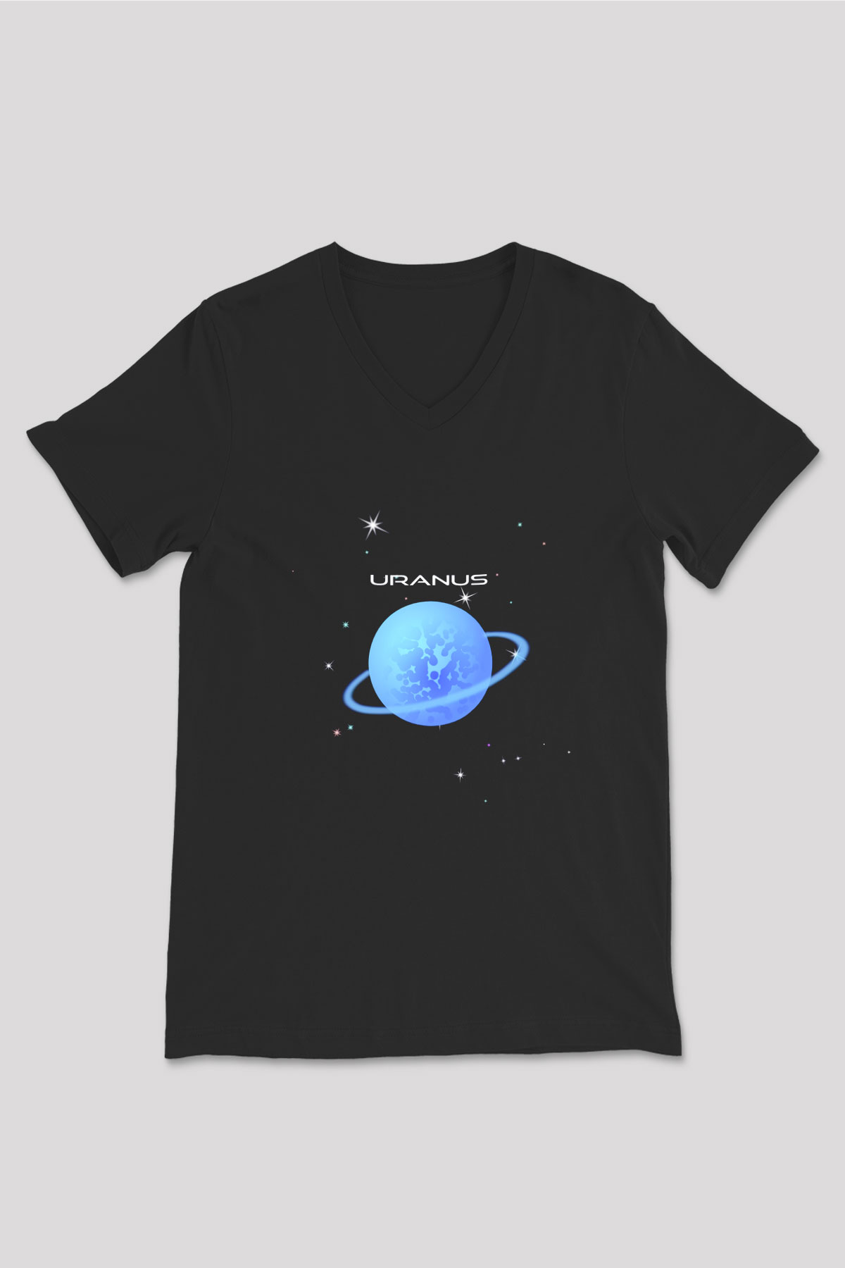 Uranüs Siyah Unisex V Yaka Tişört T-Shirt