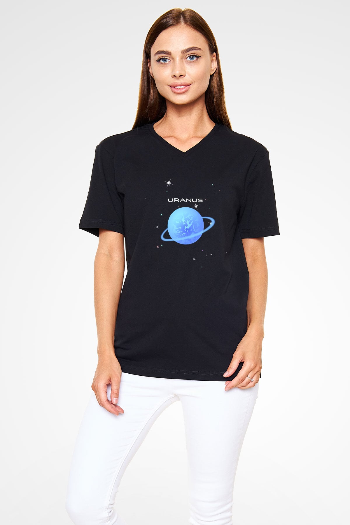 Uranüs Siyah Unisex V Yaka Tişört T-Shirt