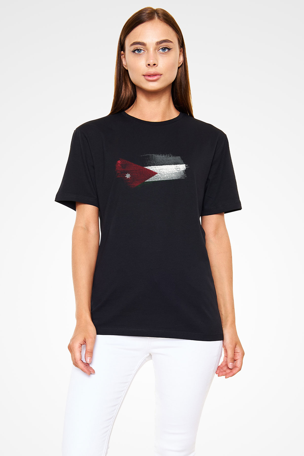 Ürdün Bayrağı Baskılı Unisex Siyah Tişört