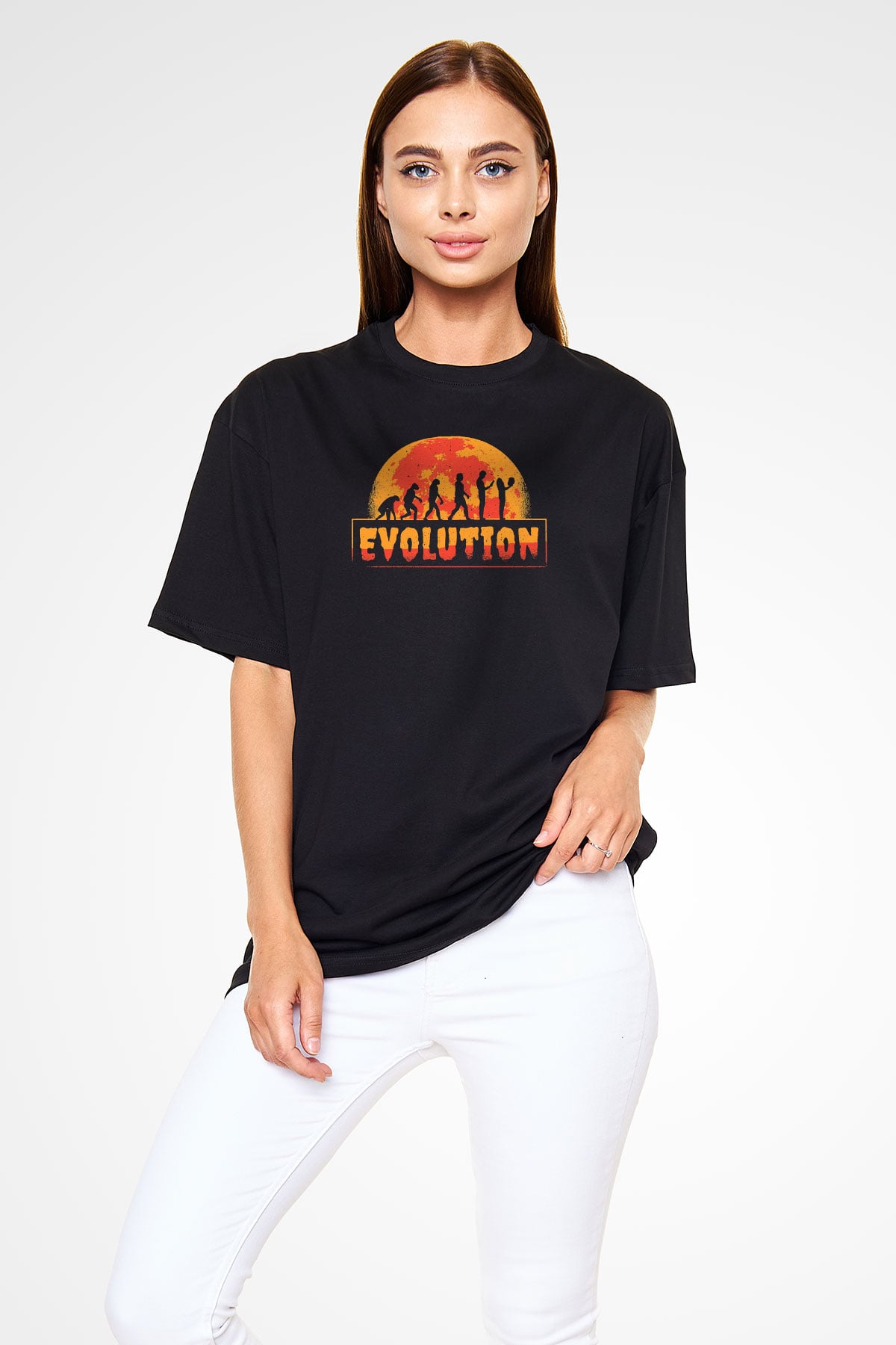 Ürpertici Evrim Baskılı Unisex Oversize Tişört - Tshirt