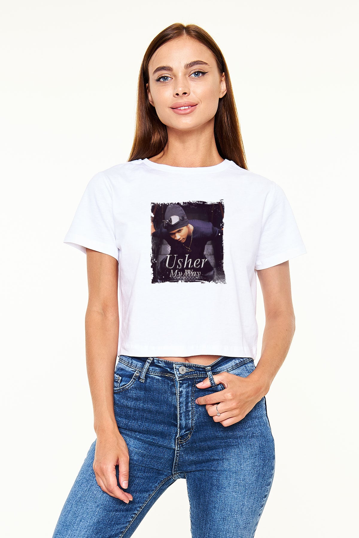 Usher  Baskılı Beyaz Kadın Crop Top Tişört