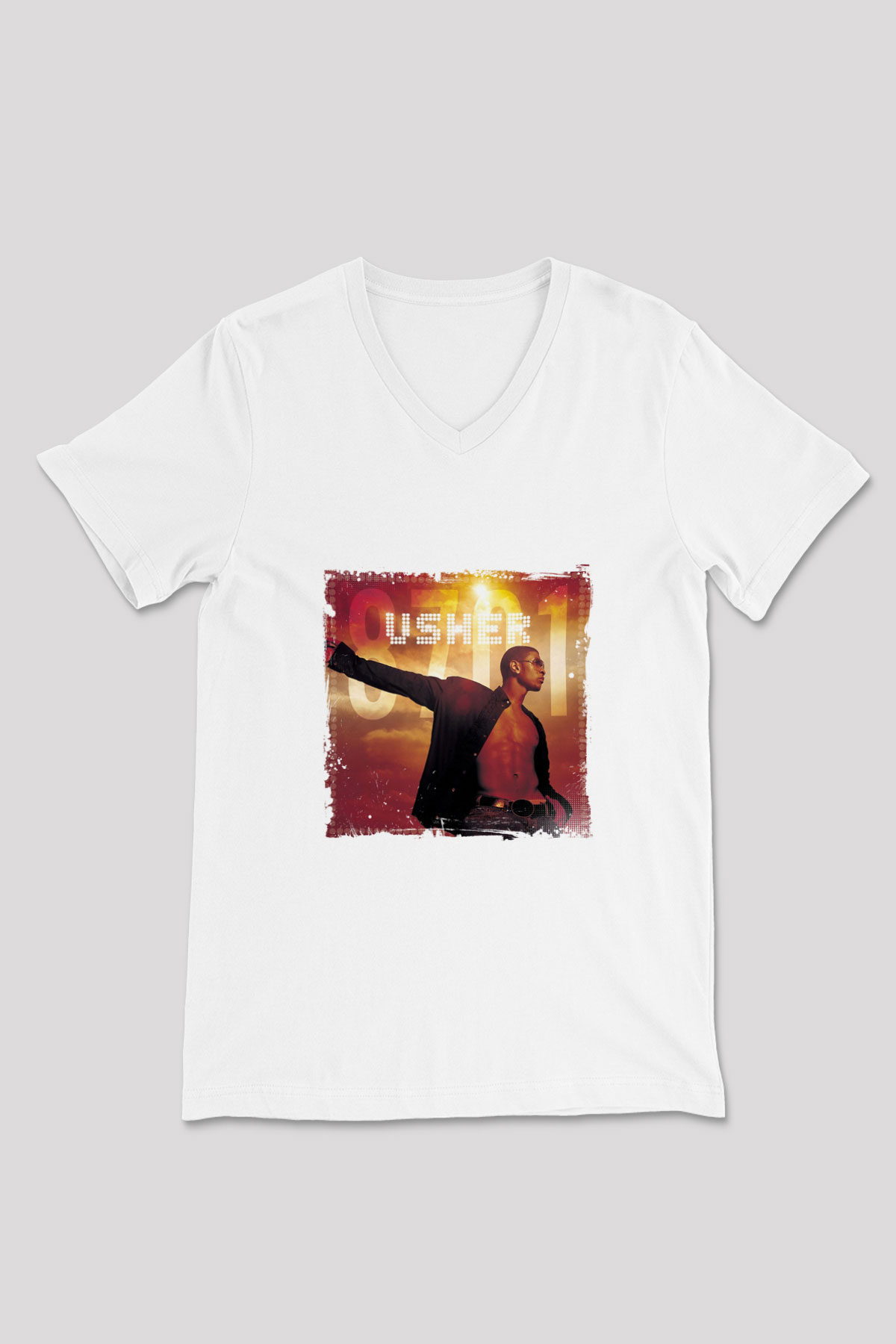 Usher  Baskılı Beyaz V Yaka Unisex Tişört