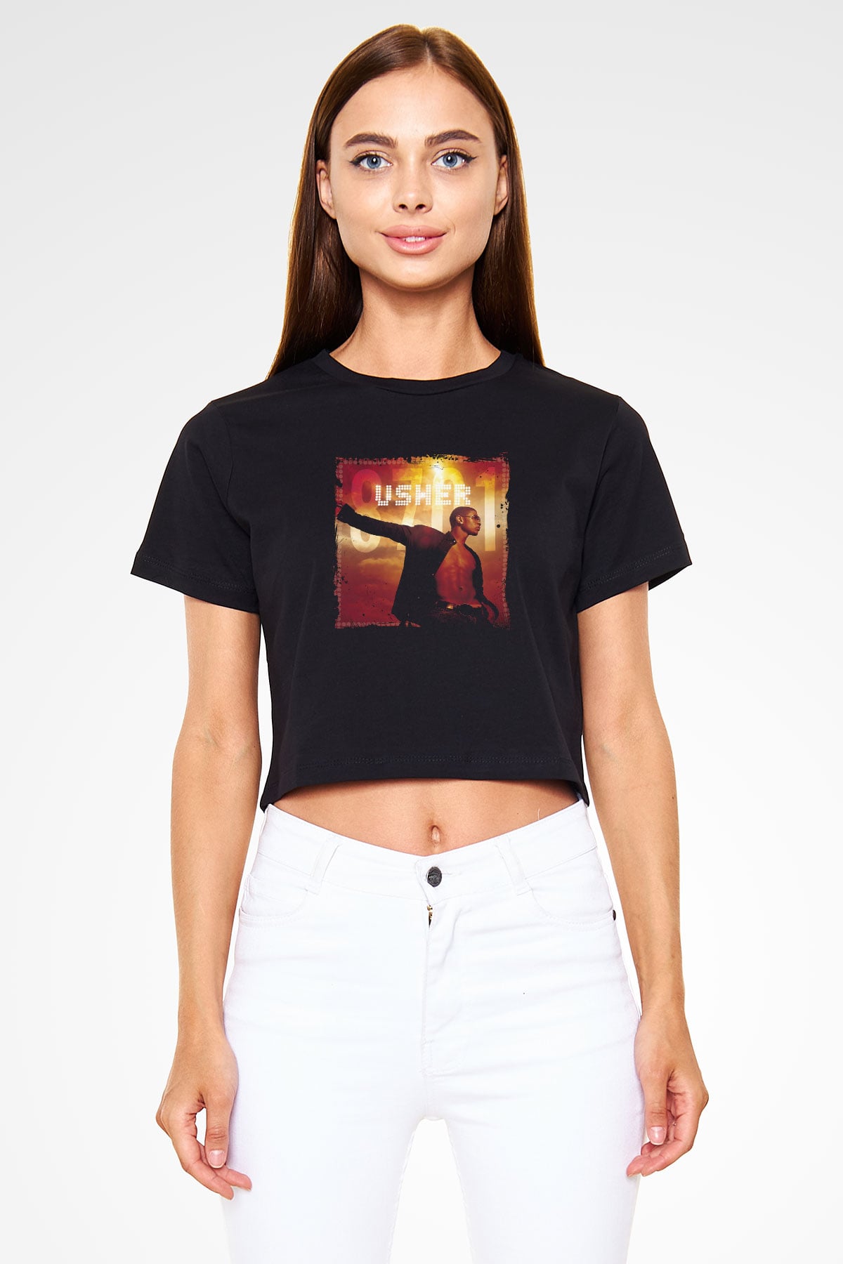 Usher  Baskılı Crop Top Siyah Kadın Tişört