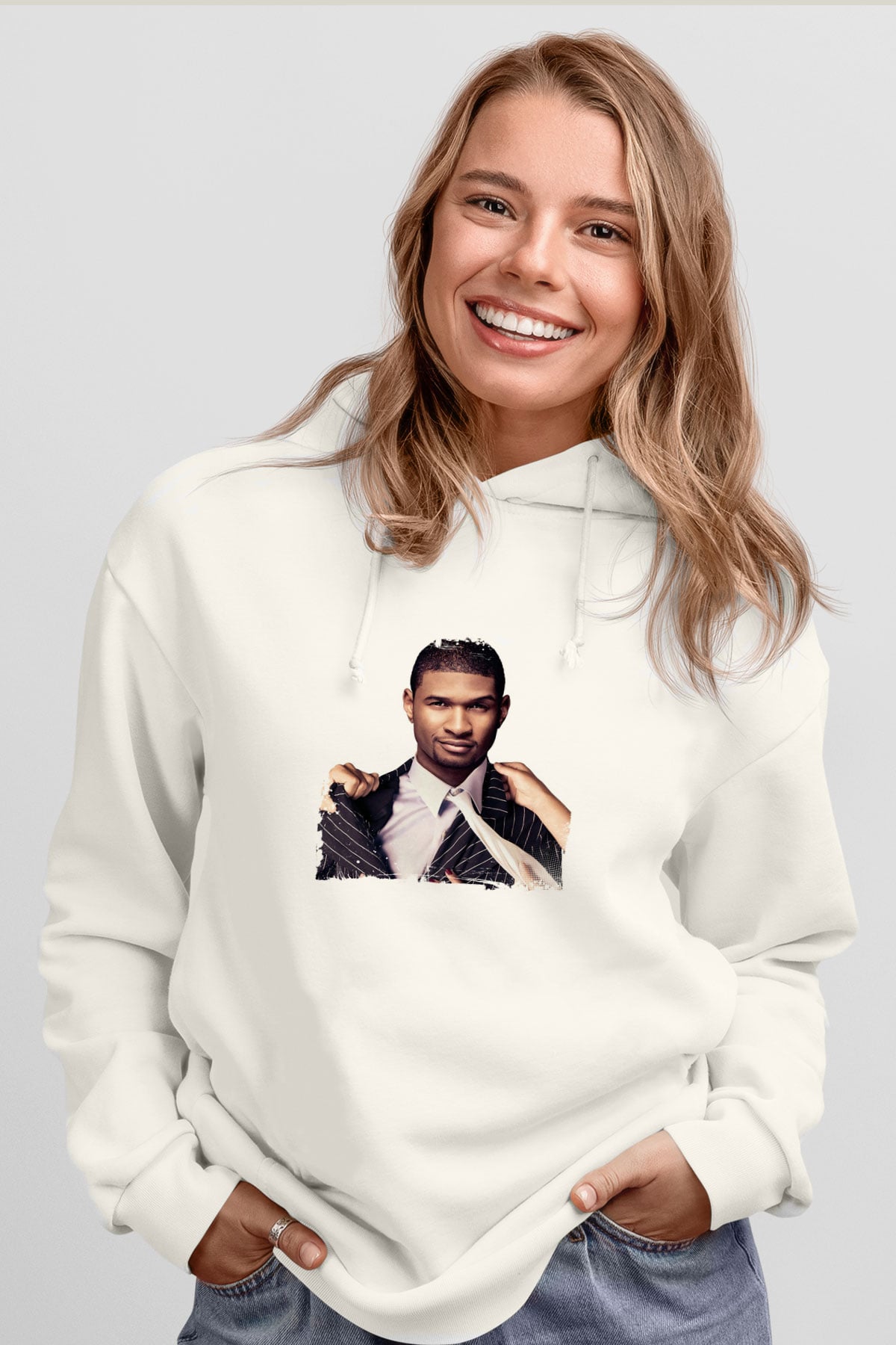 Usher  Baskılı Unisex Beyaz Kapüşonlu Sweatshirt