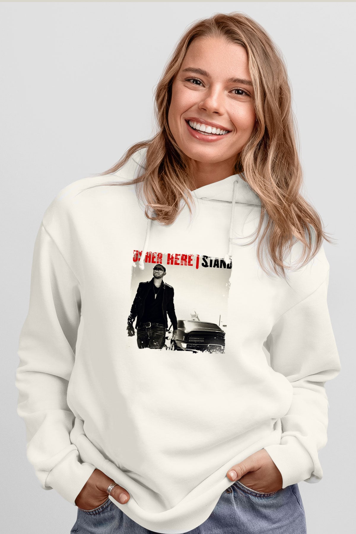 Usher  Baskılı Unisex Beyaz Kapüşonlu Sweatshirt