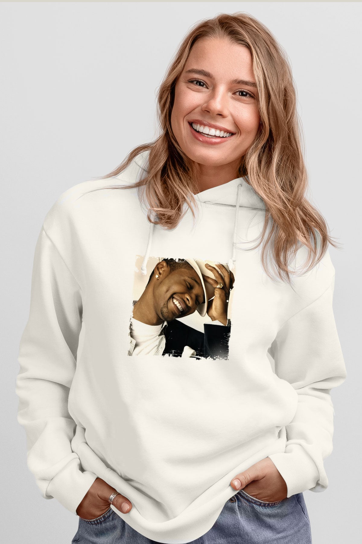 Usher  Baskılı Unisex Beyaz Kapüşonlu Sweatshirt
