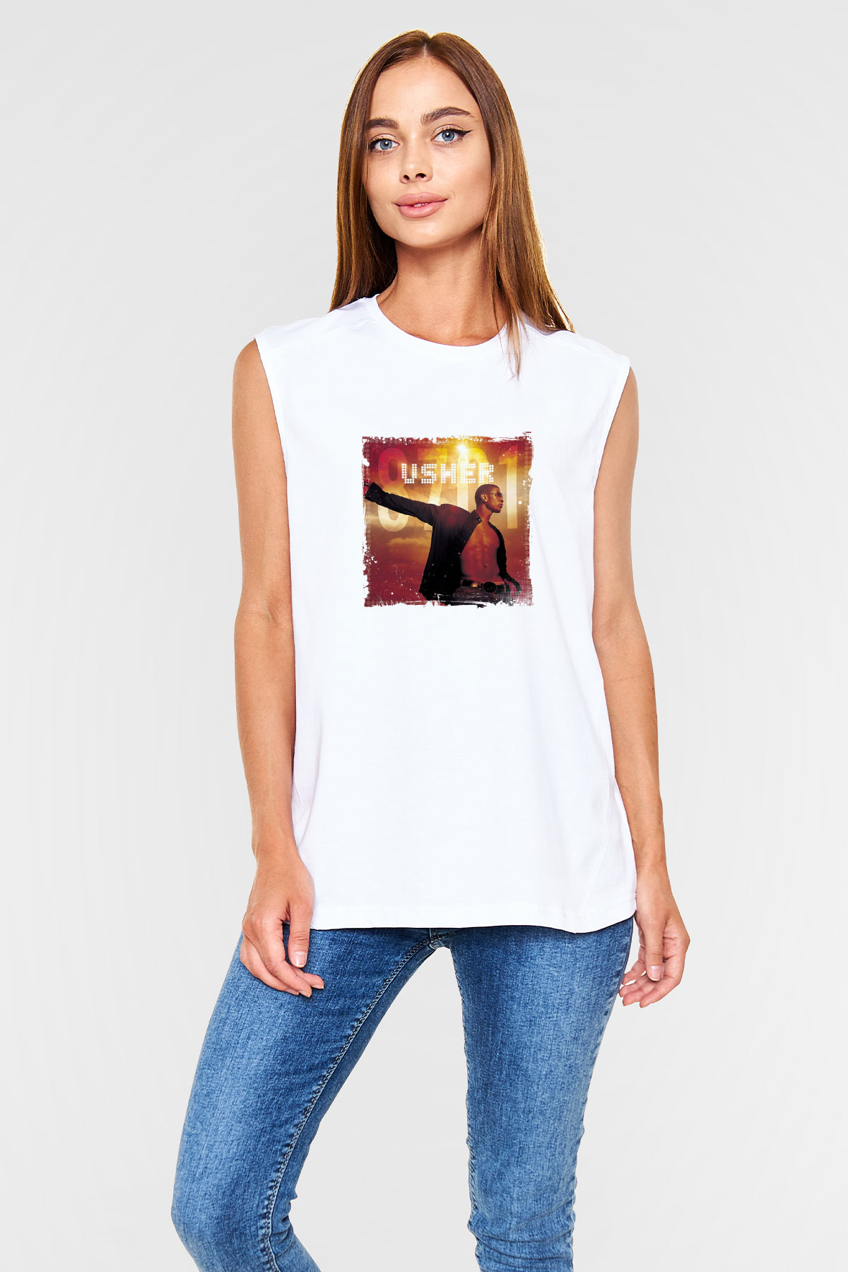 Usher  Baskılı Unisex Beyaz Kolsuz Tişört