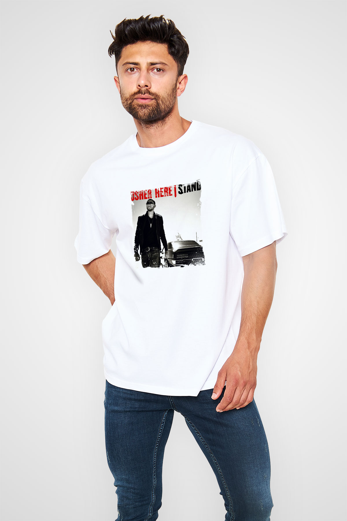 Usher  Baskılı Unisex Beyaz Tişört