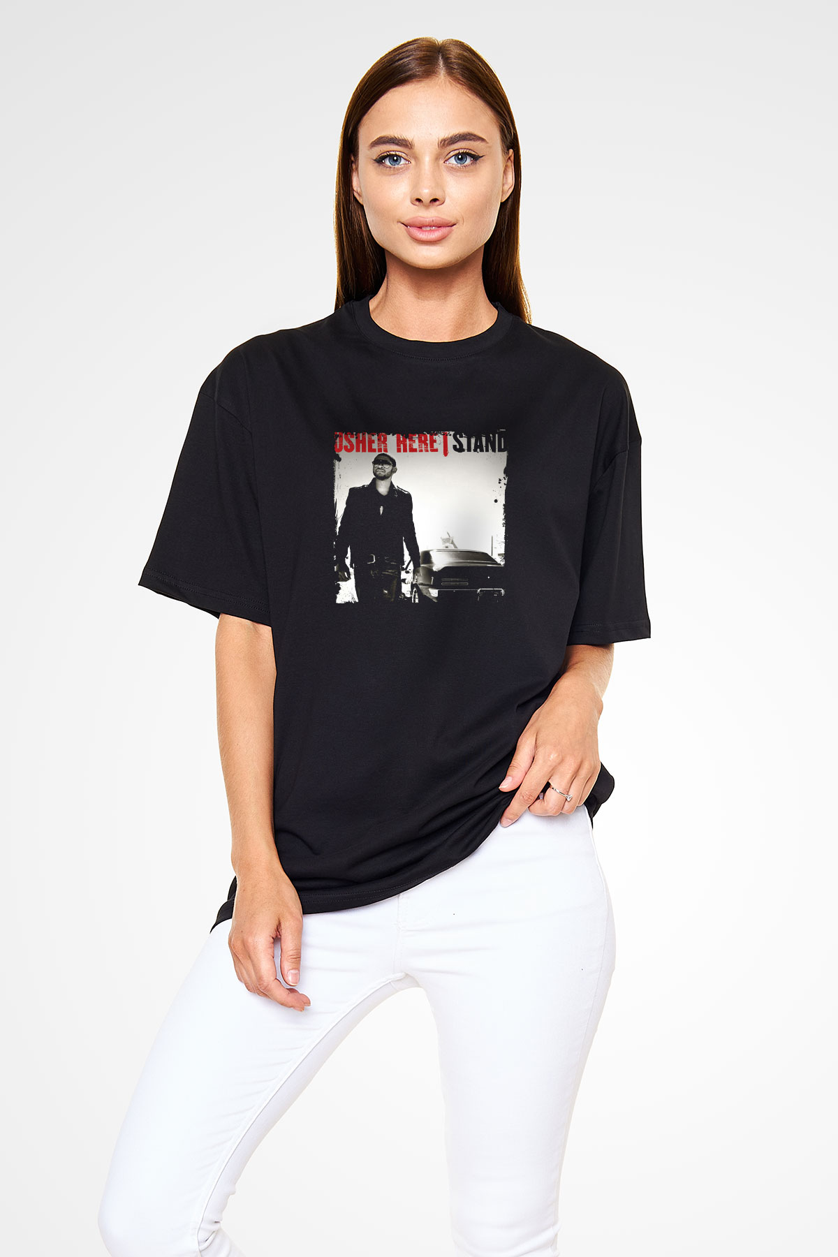 Usher  Baskılı Unisex Oversize Siyah Tişört