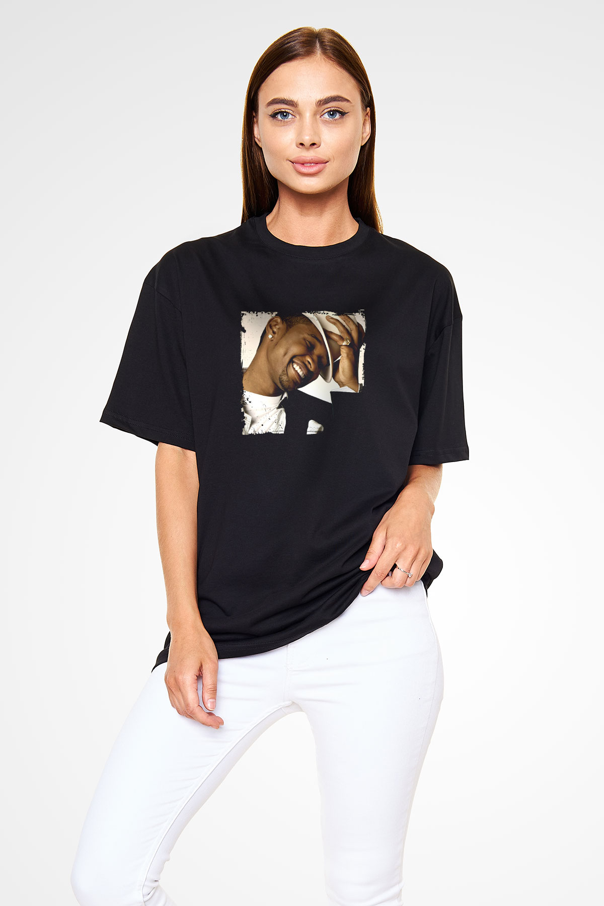 Usher  Baskılı Unisex Oversize Siyah Tişört