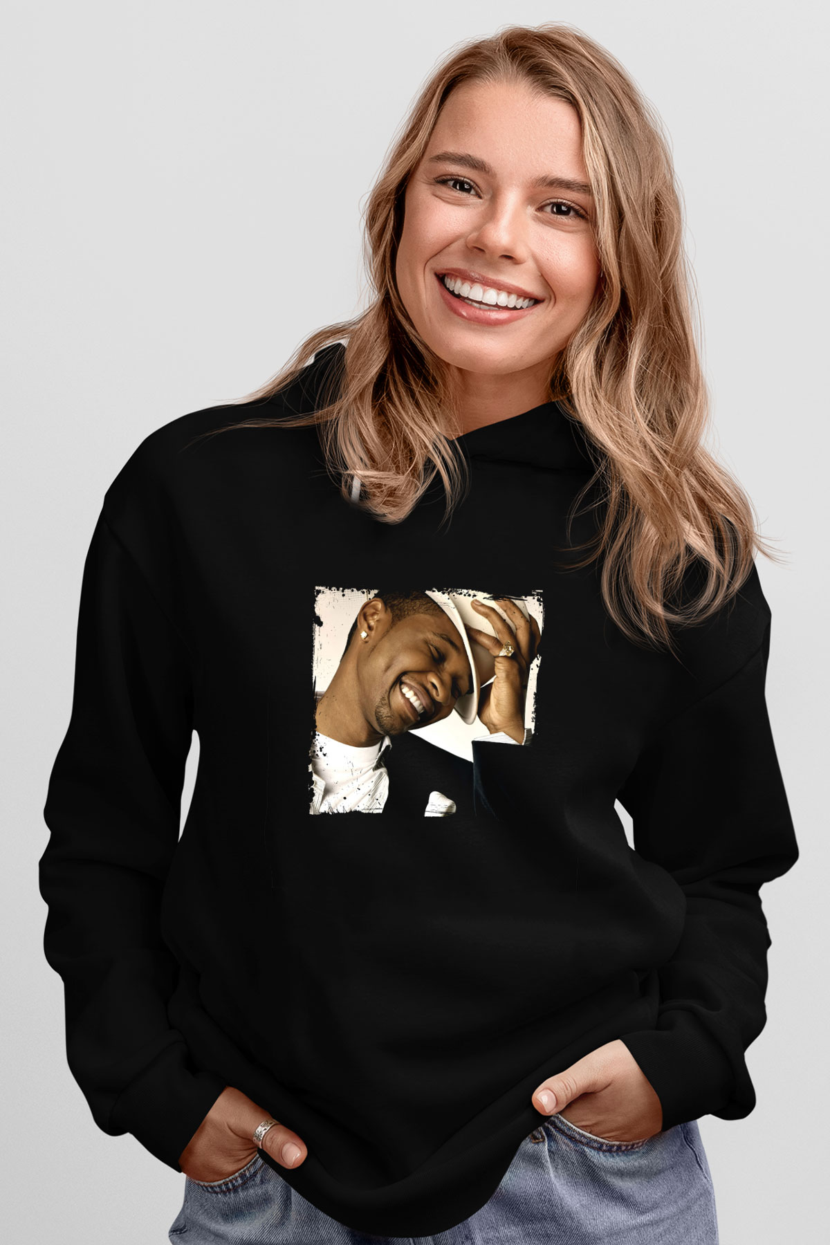 Usher  Baskılı Unisex Siyah Hoodie